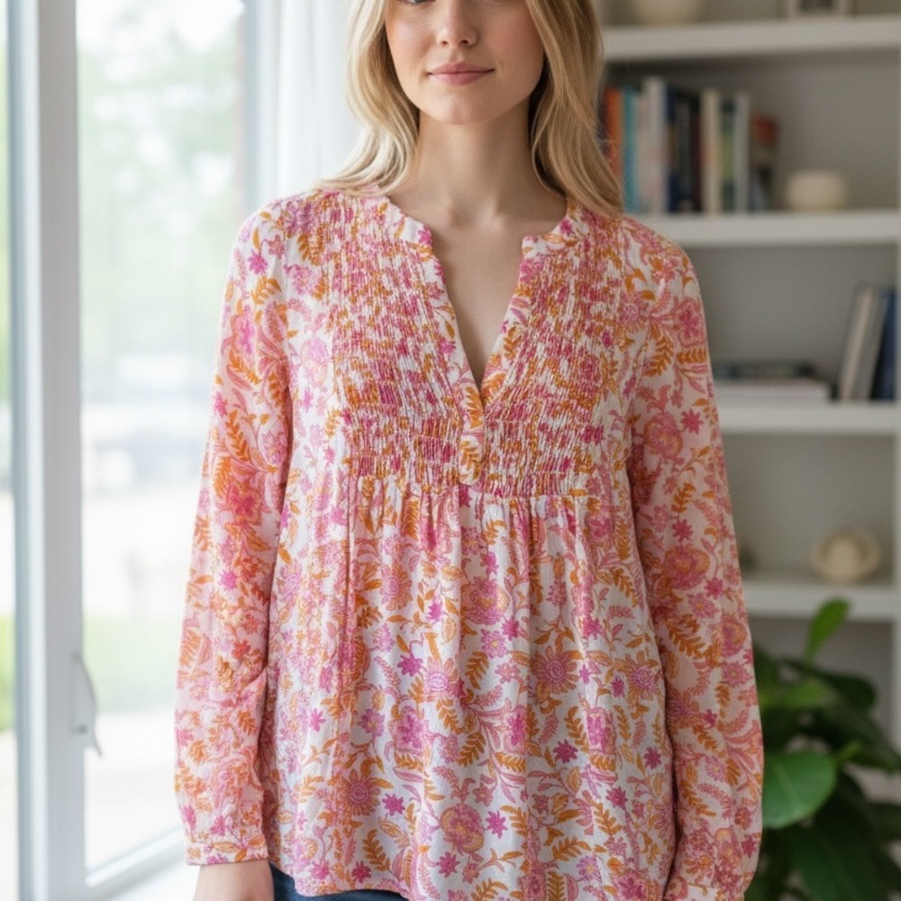 Lucky Brand Floral V Neck Blouse Pink Orange Women’s Medium